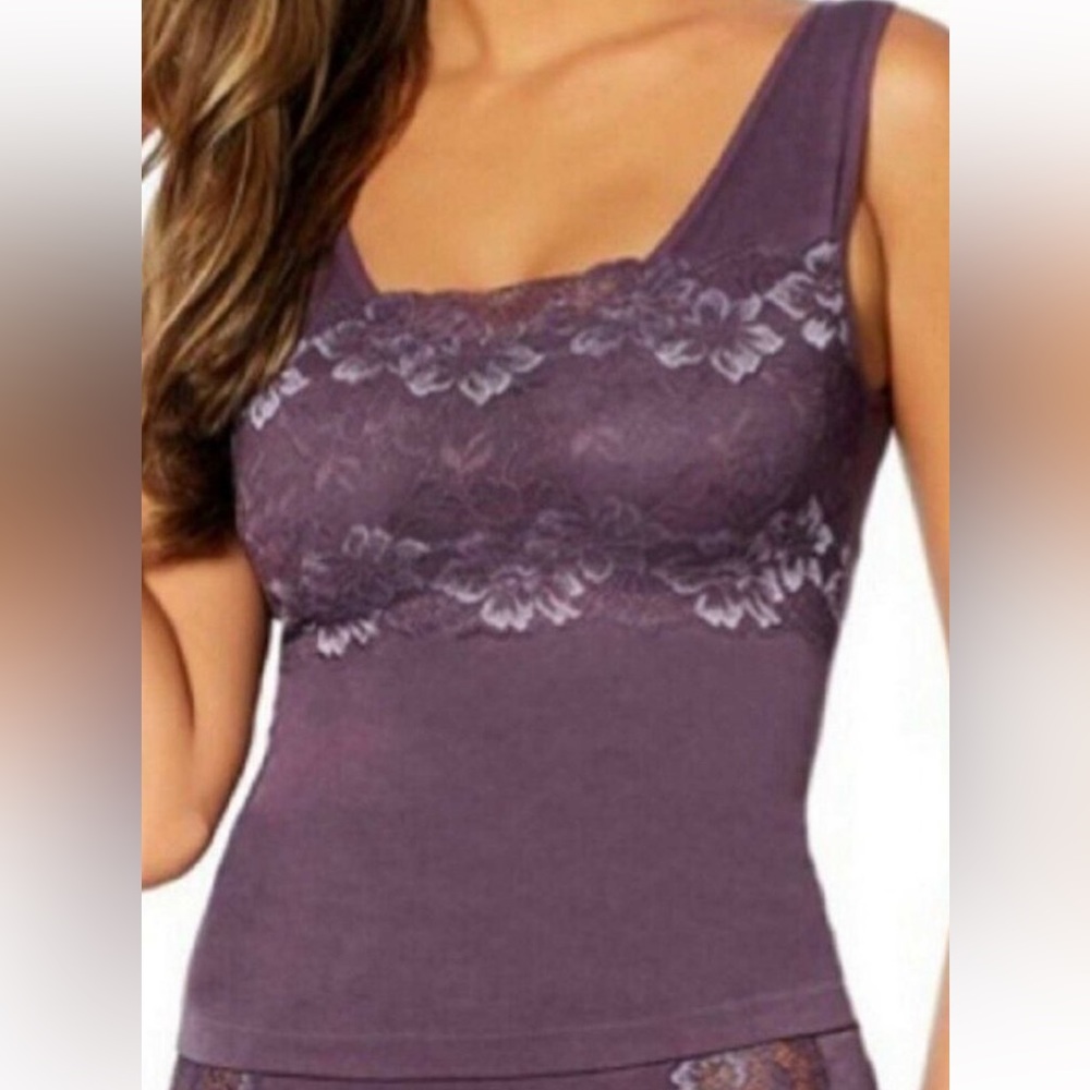 SOLD Rhonda Shear Purple Lace Overlay Tank with Shelf Bra